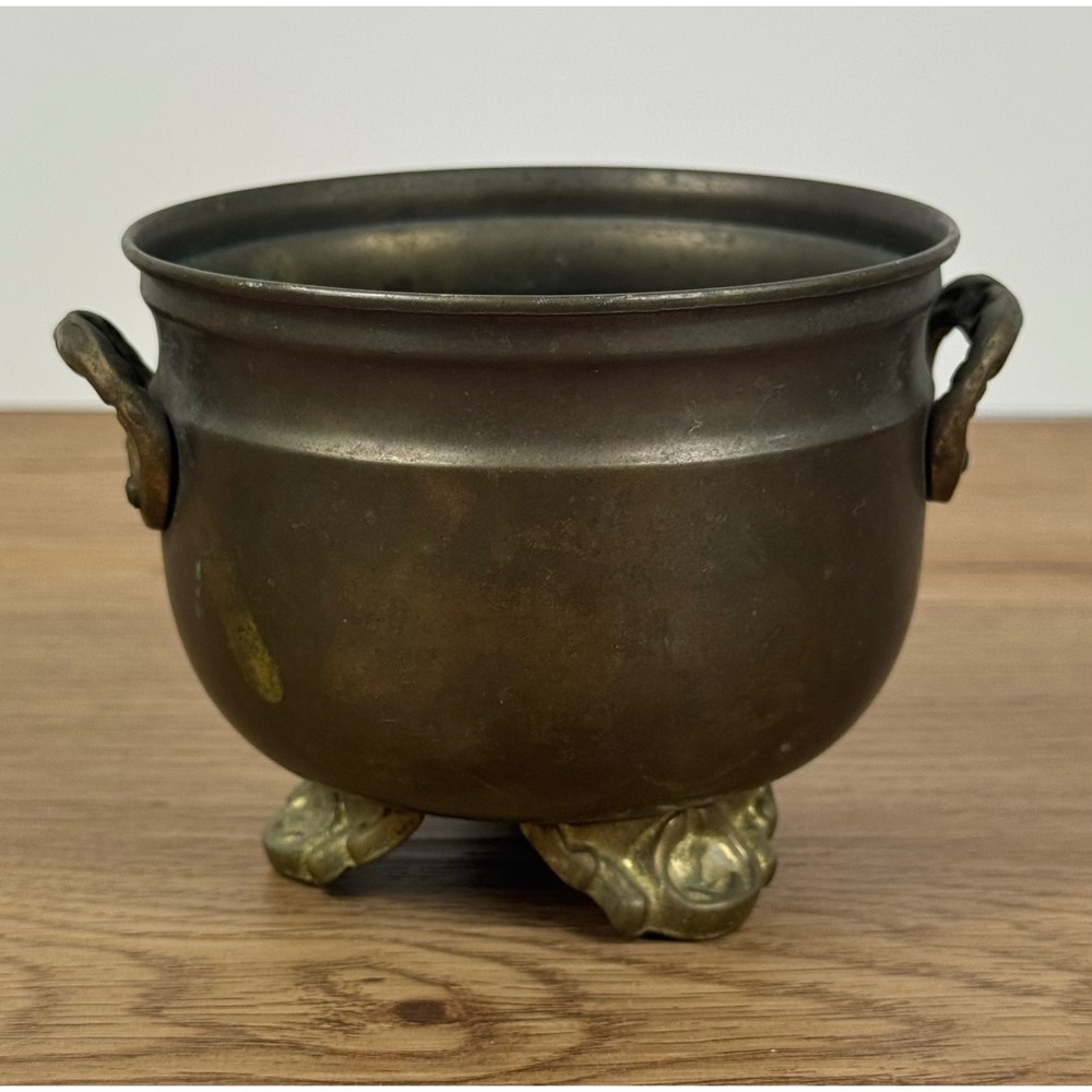 Vintage Taiwan Brass Cauldron Planter with Lion Paw Feet Mid-Century Decor